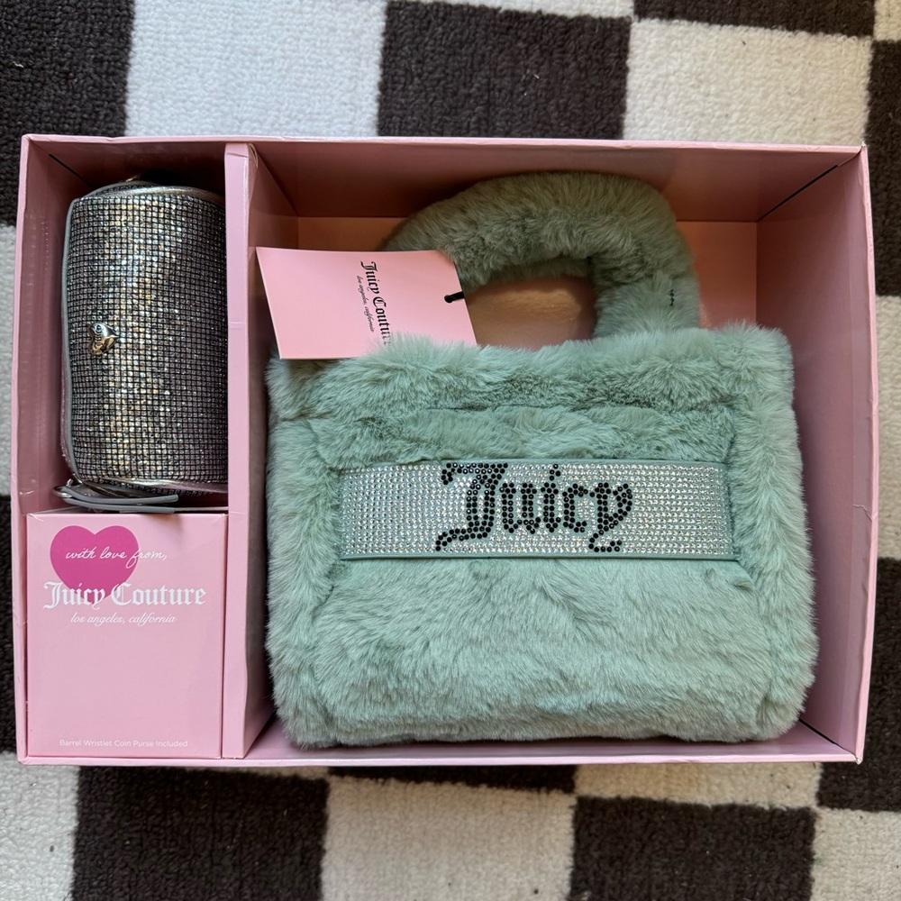 NEW Juicy Couture Green Faux Fur Bag and Bling Wristlet set